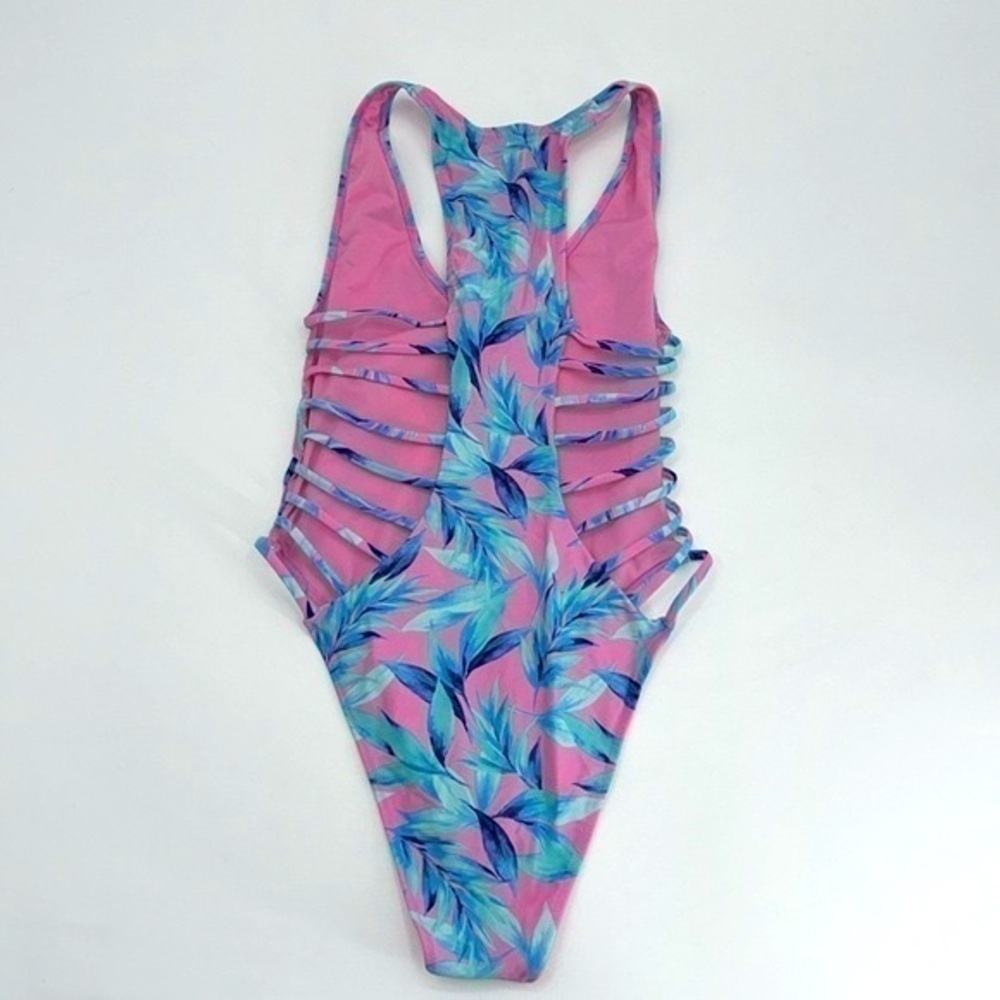 UEC Xhileration pink & blue palm leaf bathing suit high cut medium no tag - Picture 2 of 4